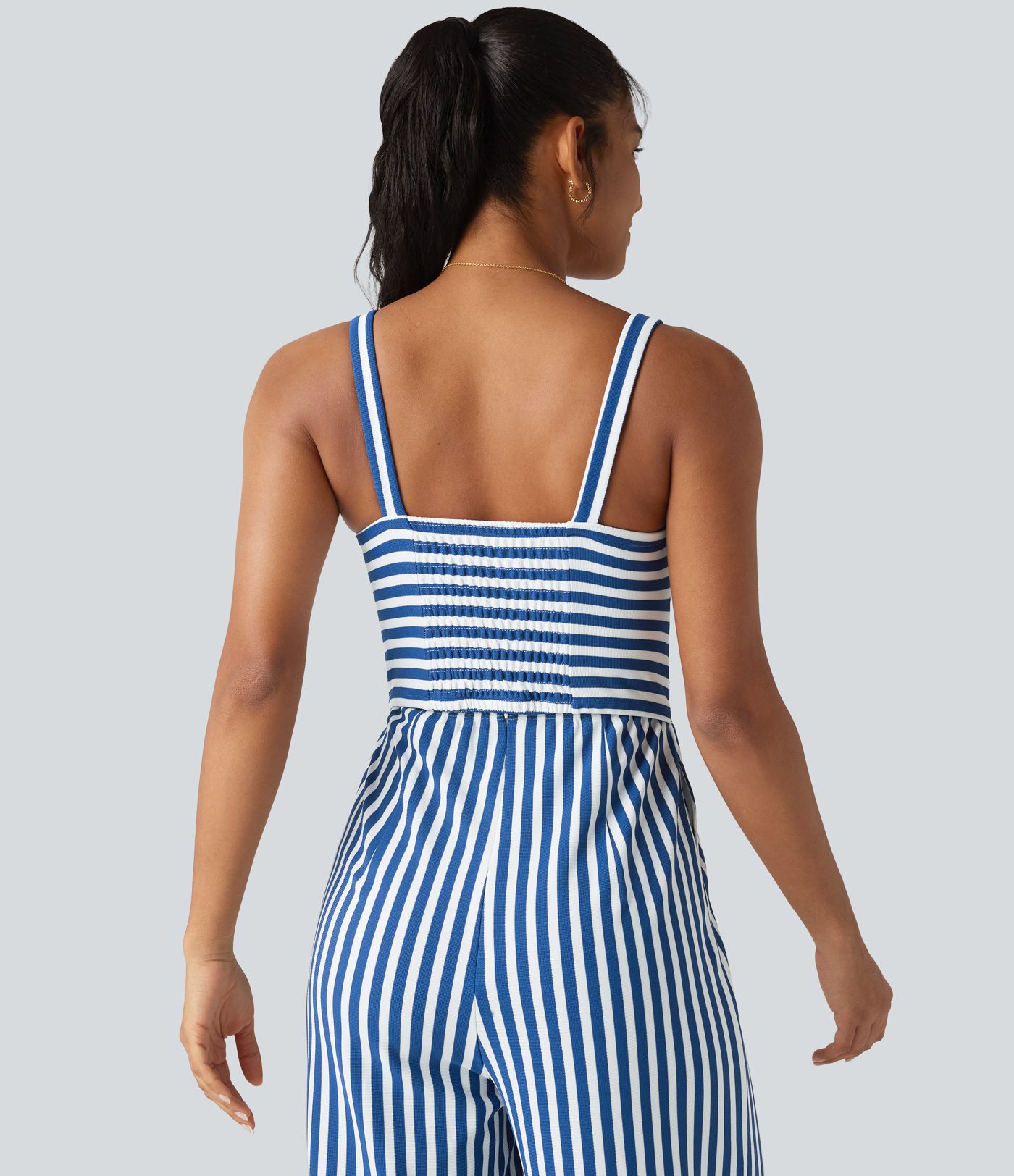 Sleeveless Twisted Shirred Invisible Zipper Built-in Bra Stripes Waffle Casual Jumpsuit with Pockets-Easy Peezy