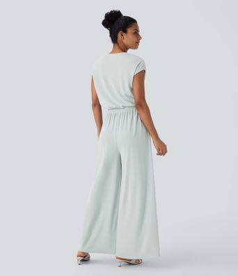 Encolure en V, manches courtes, avec poches, jambes larges, fluide, en tissu gaufré (waffle), combinaison décontractée — Édition Easy Peezy