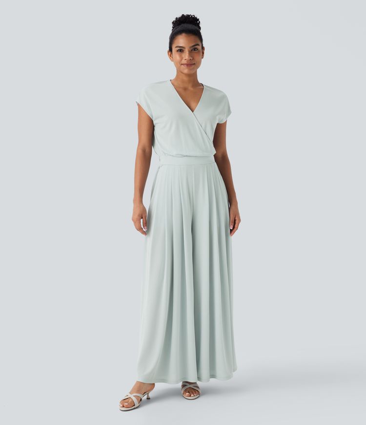 Encolure en V, manches courtes, avec poches, jambes larges, fluide, en tissu gaufré (waffle), combinaison décontractée — Édition Easy Peezy