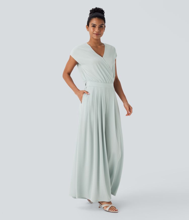 V Neck Short Sleeve Pocket Wide Leg Flowy Waffle Casual Jumpsuit-Easy Peezy Edition V Neck Short Sleeve Pocket Wide Leg Flowy Waffle Casual Jumpsuit-Easy Peezy Edition