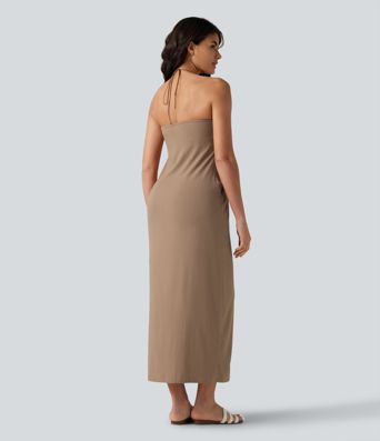 Halter Tie Back Built-in Bra Maxi Resort Linen-Feel Dress with Pockets