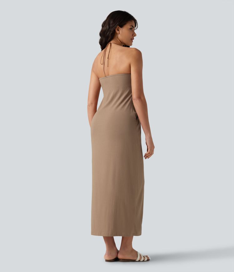 linen dress with built in bra Women's Square Neck Linen Dress