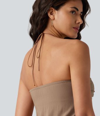 Halter Tie Back Built-in Bra Maxi Resort Linen-Feel Dress with Pockets