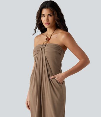 Halter Tie Back Built-in Bra Maxi Resort Linen-Feel Dress with Pockets