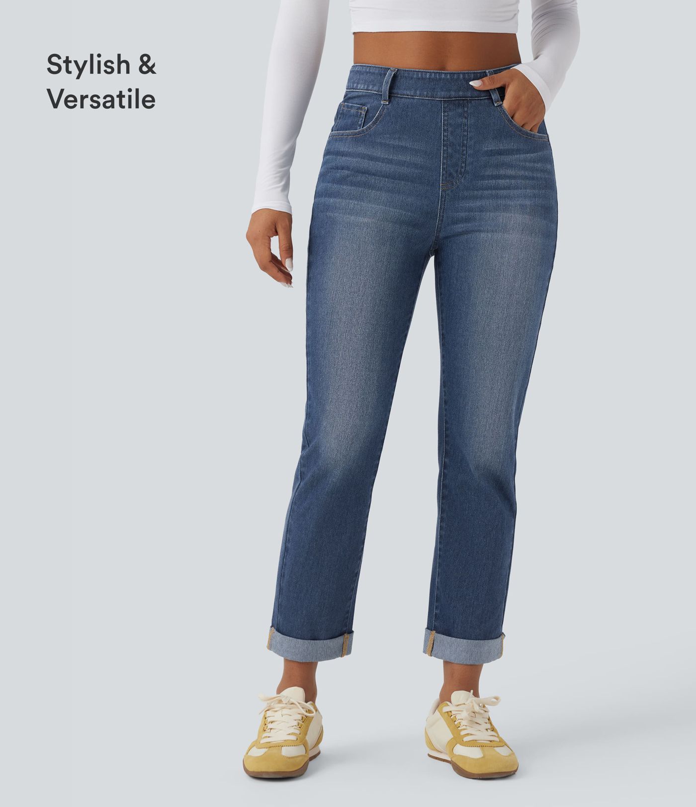 Halara Flex™ High Waisted Rolled Hem Casaul Slim Jeans with Pockets