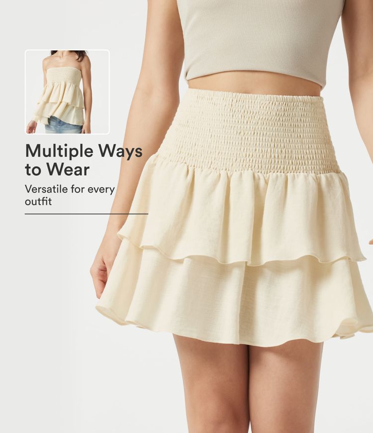 High Waisted Shirred Layered Mini Casual Linen-Feel Skirt