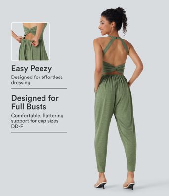 U Neck Harem Casual Jumpsuit with Pockets-Easy Peezy Edition DD-F Cups