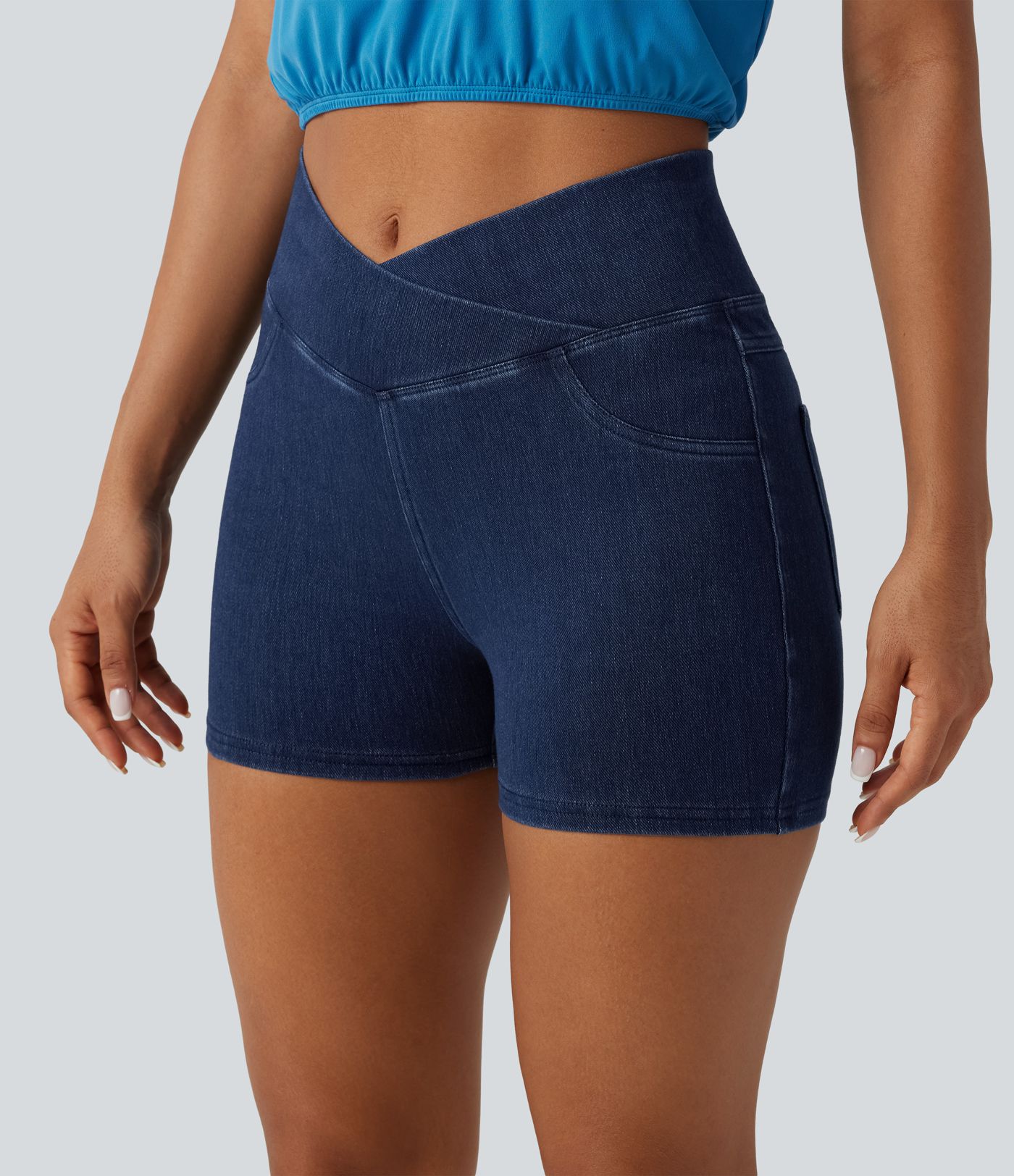 Halara Flex™ High Waisted Crossover Pocket Denim Casual Shorts 3" Halara Flex™ High Waisted Crossover Pocket Denim Casual Shorts 3"
