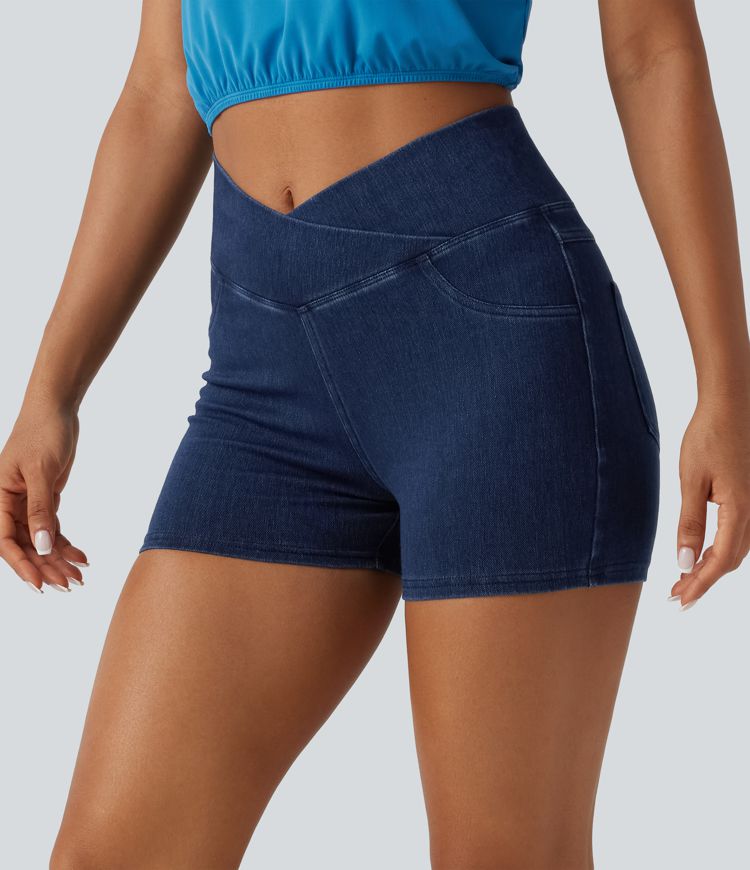 Halara Flex™ High Waisted Crossover Pocket Denim Casual Shorts 3" Halara Flex™ High Waisted Crossover Pocket Denim Casual Shorts 3"