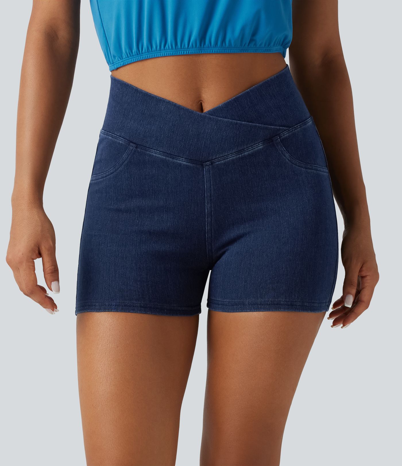 Halara Flex™ High Waisted Crossover Pocket Denim Casual Shorts 3" Halara Flex™ High Waisted Crossover Pocket Denim Casual Shorts 3"