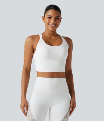 Débardeur de yoga SoftlyZero™ dos nu torsadé avec dentelle contrastée, coussinets amovibles et protection solaire UPF 50+