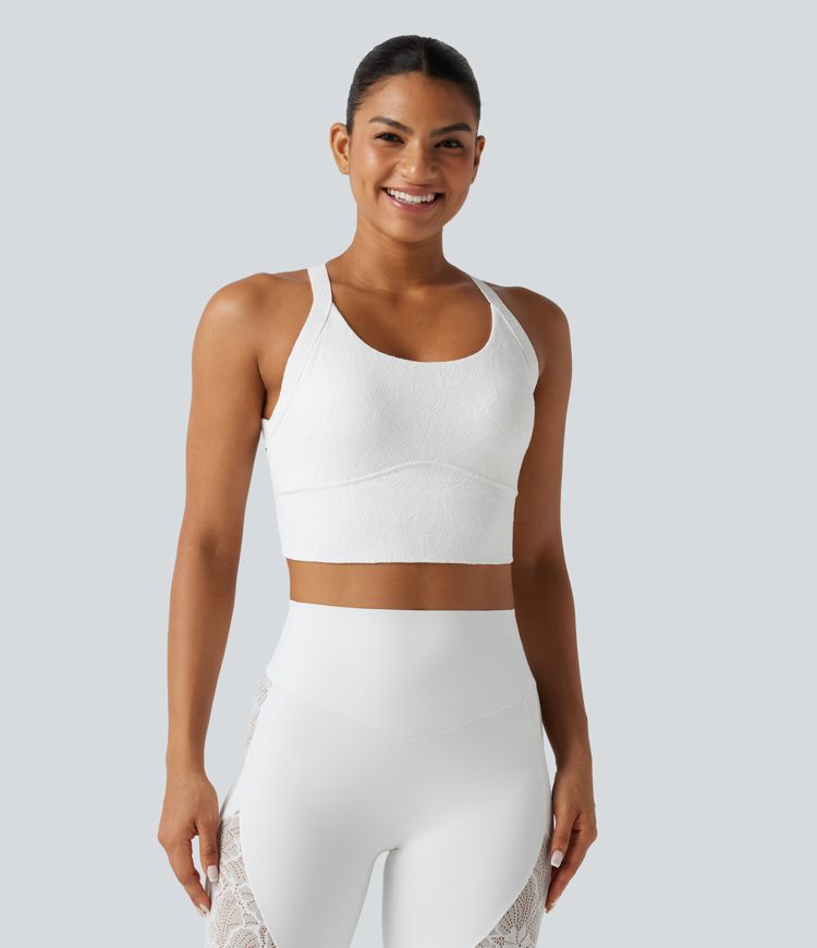 Débardeur de yoga SoftlyZero™ dos nu torsadé avec dentelle contrastée, coussinets amovibles et protection solaire UPF 50+