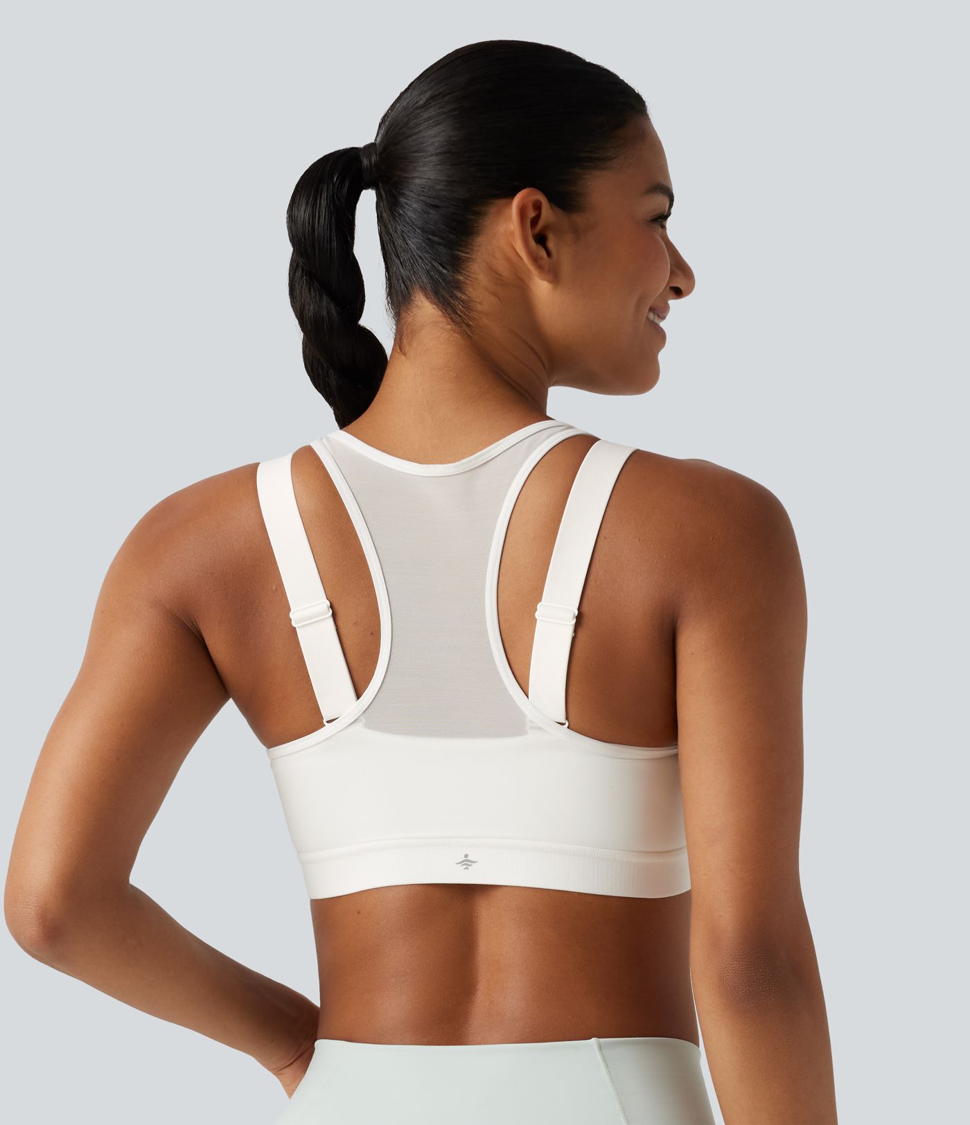 Brassière de sport d'entraînement maintien moyen col rond échancré dos nageur avec fermeture éclair, mesh contrasté et coussinets non amovibles Brassière de sport d'entraînement maintien moyen col rond échancré dos nageur avec fermeture éclair, mesh contrasté et coussinets non amovibles