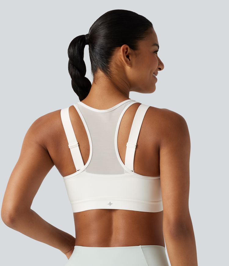 Brassière de sport d'entraînement maintien moyen col rond échancré dos nageur avec fermeture éclair, mesh contrasté et coussinets non amovibles Brassière de sport d'entraînement maintien moyen col rond échancré dos nageur avec fermeture éclair, mesh contrasté et coussinets non amovibles