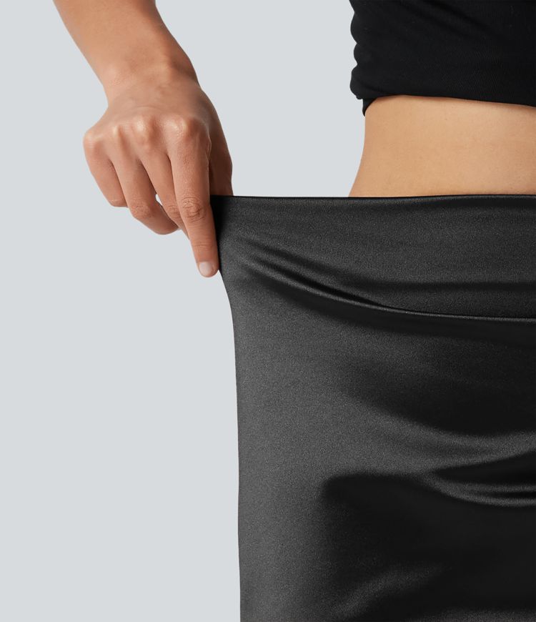 High Waisted Ruched Crossover Hem 2-in-1 Bodycon Satin Mini Casual Skirt High Waisted Ruched Crossover Hem 2-in-1 Bodycon Satin Mini Casual Skirt