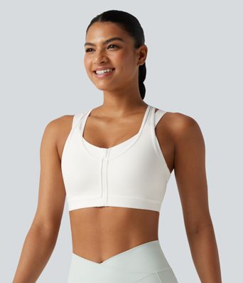 Brassière de sport d'entraînement maintien moyen col rond échancré dos nageur avec fermeture éclair, mesh contrasté et coussinets non amovibles Brassière de sport d'entraînement maintien moyen col rond échancré dos nageur avec fermeture éclair, mesh contrasté et coussinets non amovibles