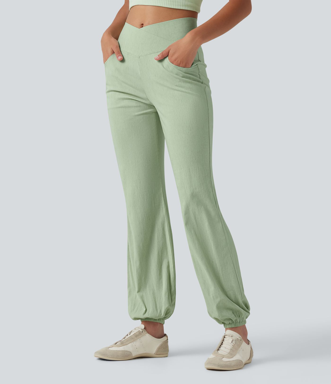 Crossover High-waisted Casual Stretch Linen Balloon Joggers with Pockets Crossover High-waisted Casual Stretch Linen Balloon Joggers with Pockets