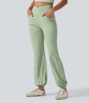 Crossover High-waisted Casual Stretch Linen Balloon Joggers with Pockets Crossover High-waisted Casual Stretch Linen Balloon Joggers with Pockets