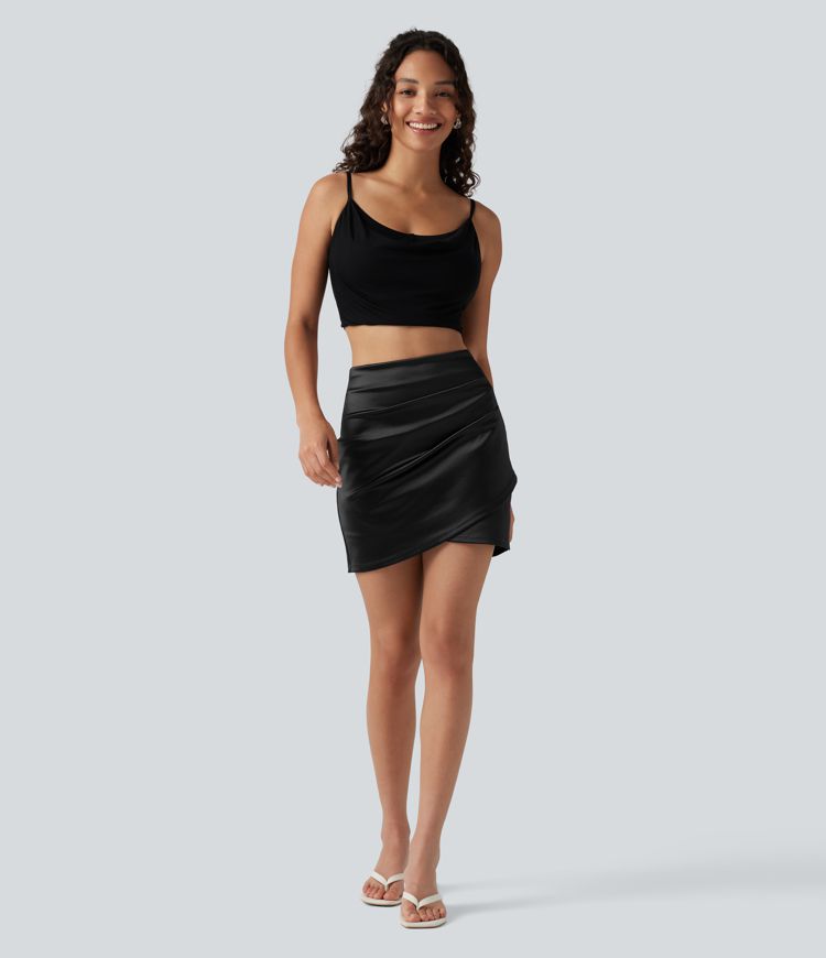 High Waisted Ruched Crossover Hem 2-in-1 Bodycon Satin Mini Casual Skirt High Waisted Ruched Crossover Hem 2-in-1 Bodycon Satin Mini Casual Skirt