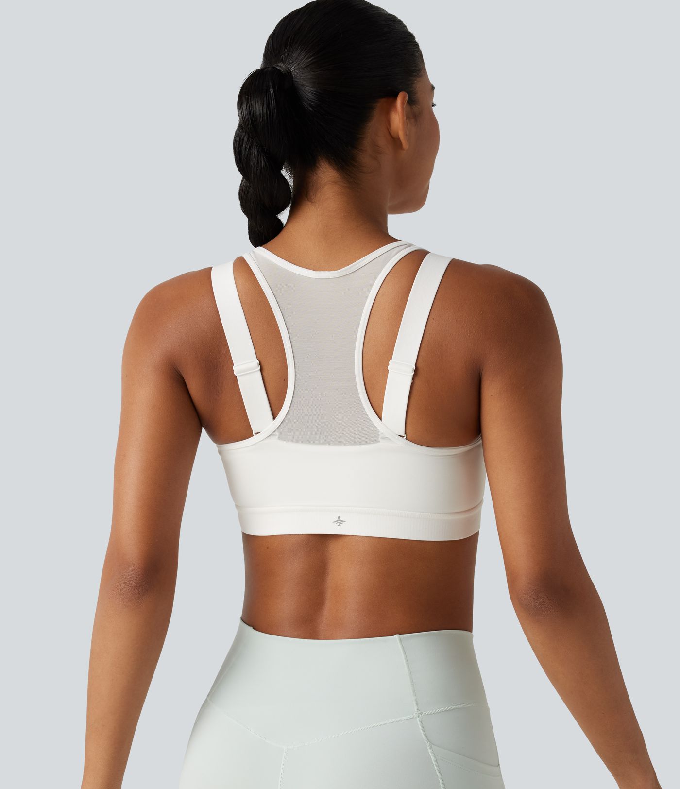 Brassière de sport d'entraînement maintien moyen col rond échancré dos nageur avec fermeture éclair, mesh contrasté et coussinets non amovibles Brassière de sport d'entraînement maintien moyen col rond échancré dos nageur avec fermeture éclair, mesh contrasté et coussinets non amovibles