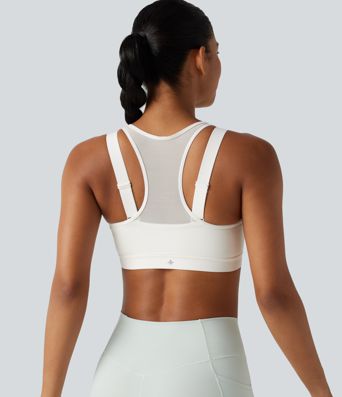 Brassière de sport d'entraînement maintien moyen col rond échancré dos nageur avec fermeture éclair, mesh contrasté et coussinets non amovibles Brassière de sport d'entraînement maintien moyen col rond échancré dos nageur avec fermeture éclair, mesh contrasté et coussinets non amovibles