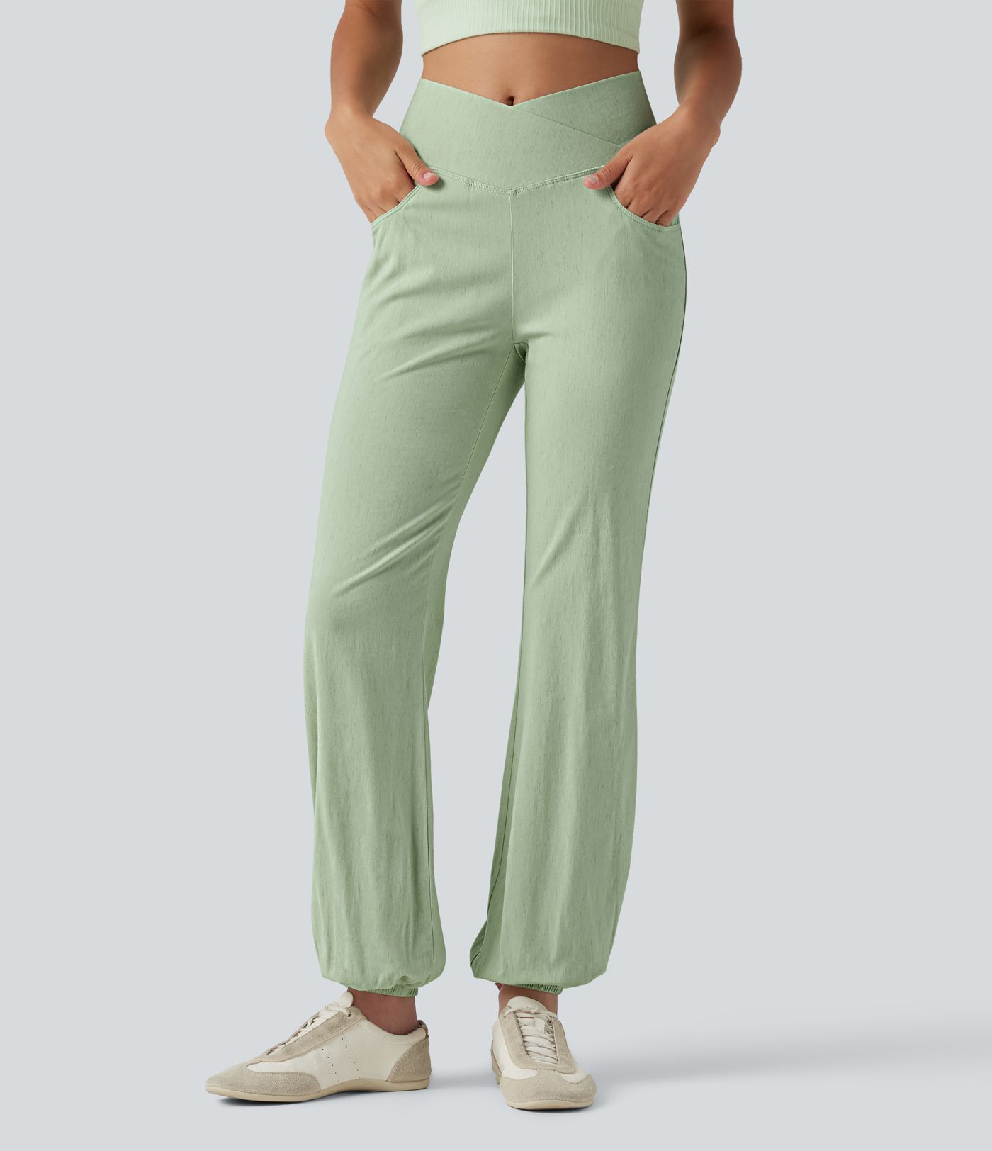 Crossover High-waisted Casual Stretch Linen Balloon Joggers with Pockets Crossover High-waisted Casual Stretch Linen Balloon Joggers with Pockets