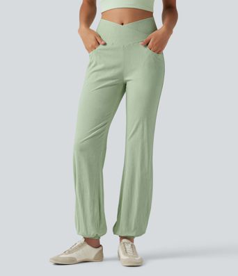 Crossover High-waisted Casual Stretch Linen Balloon Joggers with Pockets Crossover High-waisted Casual Stretch Linen Balloon Joggers with Pockets