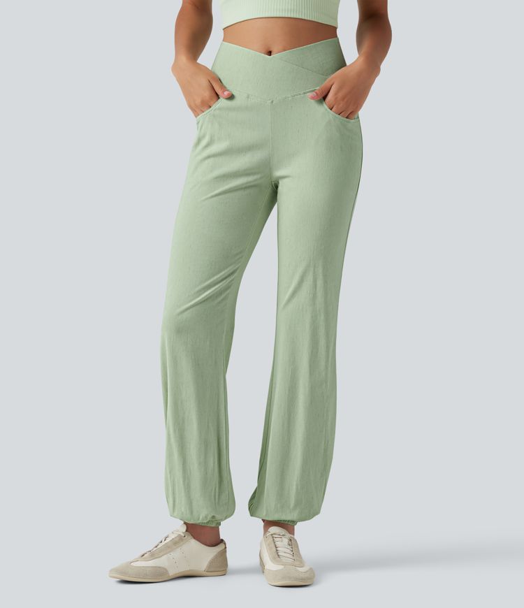 Crossover High-waisted Casual Stretch Linen Balloon Joggers with Pockets Crossover High-waisted Casual Stretch Linen Balloon Joggers with Pockets