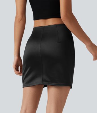 High Waisted Ruched Crossover Hem 2-in-1 Bodycon Satin Mini Casual Skirt High Waisted Ruched Crossover Hem 2-in-1 Bodycon Satin Mini Casual Skirt