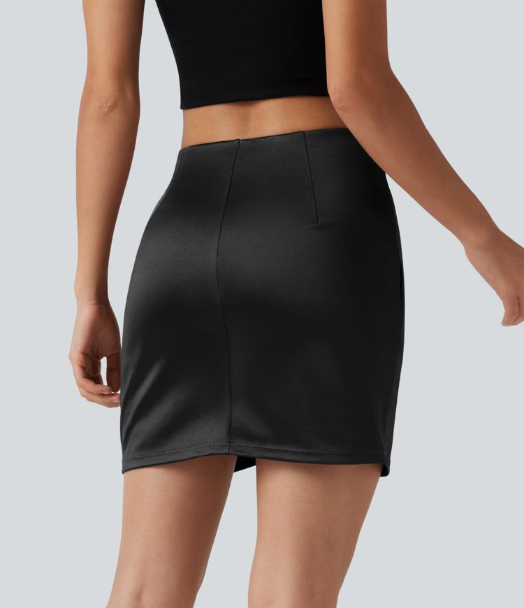 High Waisted Ruched Crossover Hem 2-in-1 Bodycon Satin Mini Casual Skirt High Waisted Ruched Crossover Hem 2-in-1 Bodycon Satin Mini Casual Skirt