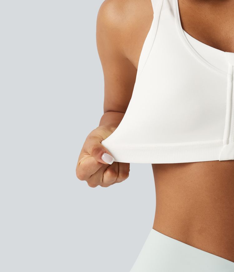 Brassière de sport d'entraînement maintien moyen col rond échancré dos nageur avec fermeture éclair, mesh contrasté et coussinets non amovibles Brassière de sport d'entraînement maintien moyen col rond échancré dos nageur avec fermeture éclair, mesh contrasté et coussinets non amovibles