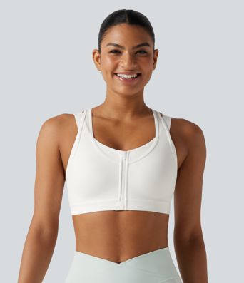 Brassière de sport d'entraînement maintien moyen col rond échancré dos nageur avec fermeture éclair, mesh contrasté et coussinets non amovibles Brassière de sport d'entraînement maintien moyen col rond échancré dos nageur avec fermeture éclair, mesh contrasté et coussinets non amovibles