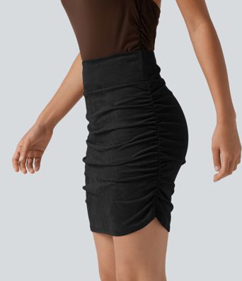 High Waisted Tummy Control Ruched Curved Hem Bodycon 2-in-1 Suede Mini Skirt-Longer Length