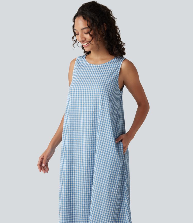 Lässiges, ärmelloses Midikleid mit Rundhalsausschnitt, Seitentaschen und Karomuster - kürzere Version