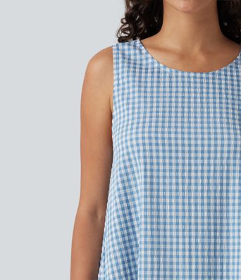 Lässiges, ärmelloses Midikleid mit Rundhalsausschnitt, Seitentaschen und Karomuster - kürzere Version