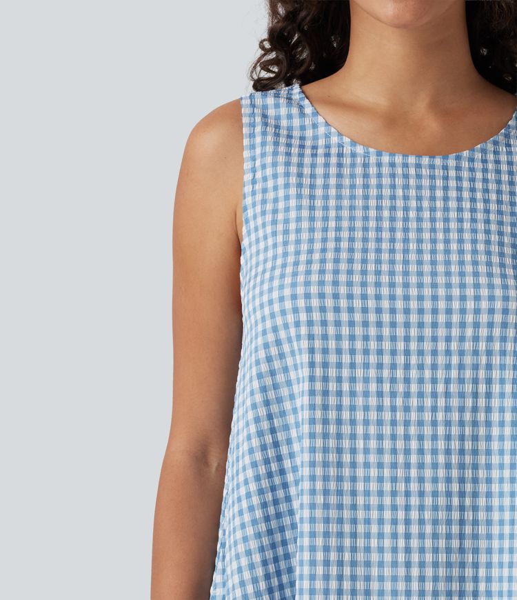 Lässiges, ärmelloses Midikleid mit Rundhalsausschnitt, Seitentaschen und Karomuster - kürzere Version