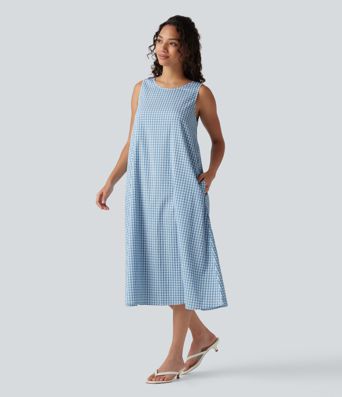 Lässiges, ärmelloses Midikleid mit Rundhalsausschnitt, Seitentaschen und Karomuster - kürzere Version