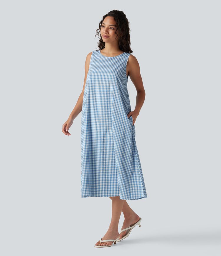 Lässiges, ärmelloses Midikleid mit Rundhalsausschnitt, Seitentaschen und Karomuster - kürzere Version