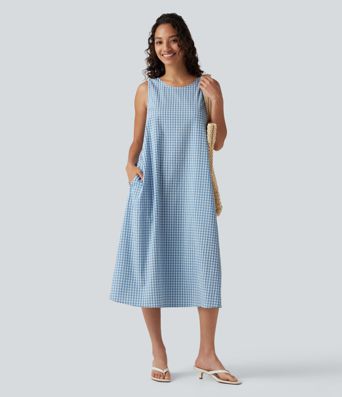 Lässiges, ärmelloses Midikleid mit Rundhalsausschnitt, Seitentaschen und Karomuster - kürzere Version