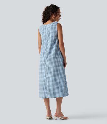 Lässiges, ärmelloses Midikleid mit Rundhalsausschnitt, Seitentaschen und Karomuster - kürzere Version
