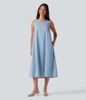 Lässiges, ärmelloses Midikleid mit Rundhalsausschnitt, Seitentaschen und Karomuster - kürzere Version