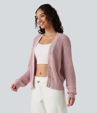 Cardigan décontracté en maille tricotée col V manches longues Cardigan décontracté en maille tricotée col V manches longues