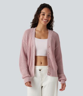 Cardigan décontracté en maille tricotée col V manches longues Cardigan décontracté en maille tricotée col V manches longues