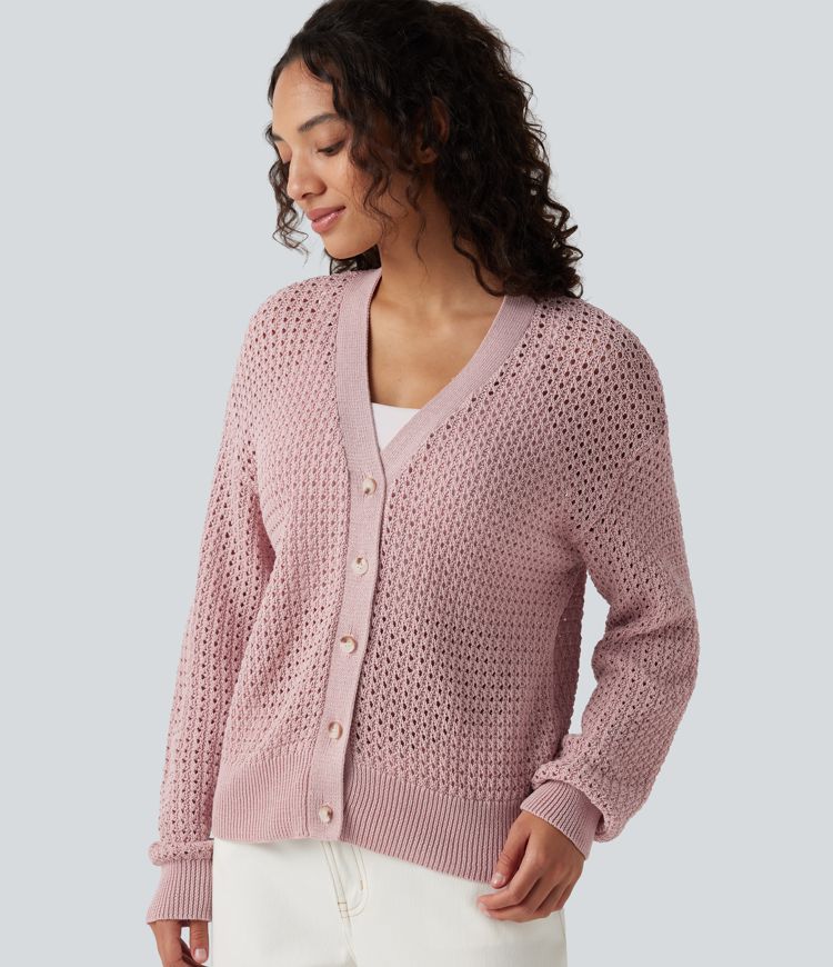 Cardigan décontracté en maille tricotée col V manches longues Cardigan décontracté en maille tricotée col V manches longues