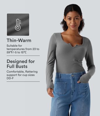 Halara HeatCore Push-Up Notched Long Sleeve Casual Warming T-Shirt E-G Cups