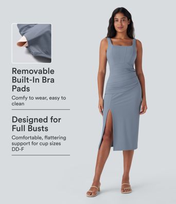 SoftlyZero™ Airy Square Neck Corset Ruched Bodycon Midi Cool Touch Dress DD-F Cups SoftlyZero™ Airy Square Neck Corset Ruched Bodycon Midi Cool Touch Dress DD-F Cups