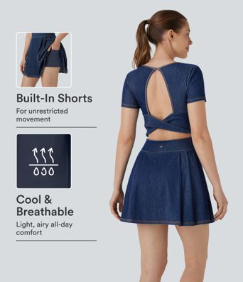 Halara Flex™ Pleated Hem 2-in-1 Cool Touch Washed Denim Tennis Active Dress with Pockets