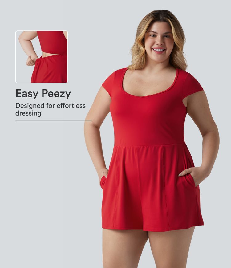 Combinaison-short de yoga grande taille SoftlyZero™ à col en U aéré, manches courtes (cap sleeve), toucher frais, avec poches — Édition Easy Peezy