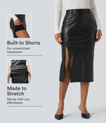 High Waisted Tummy Control 2-in-1 Midi Casual PU Leather Skirt High Waisted Tummy Control 2-in-1 Midi Casual PU Leather Skirt