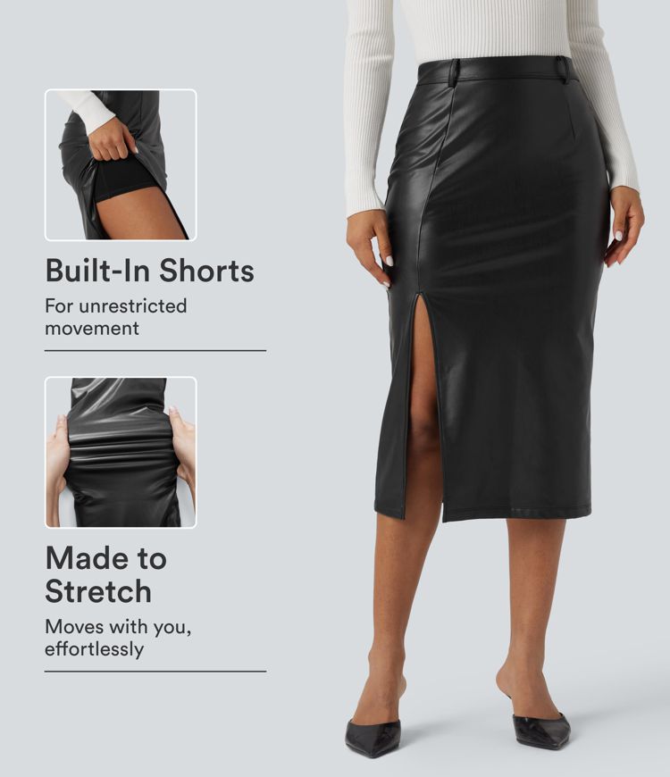 High Waisted Tummy Control 2-in-1 Midi Casual PU Leather Skirt High Waisted Tummy Control 2-in-1 Midi Casual PU Leather Skirt